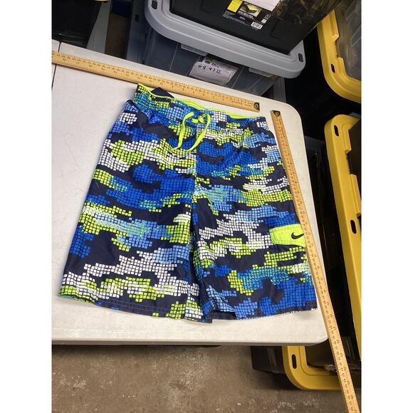 Nike Shorts Mens Neon Multicolor Checkered Swim Trunk Short Black Green Sz Small - Picture 1 of 3